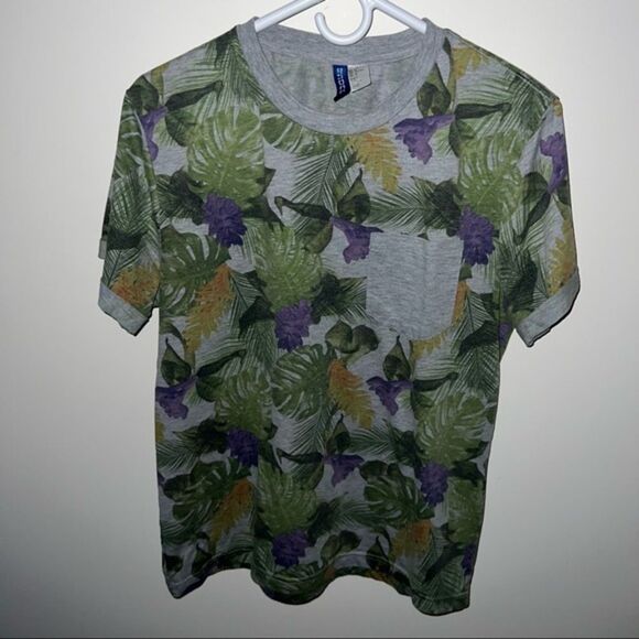H&M Divided Tropical Leaf Print T-Shirt Gray - Men's Medium - Picture 1 of 4